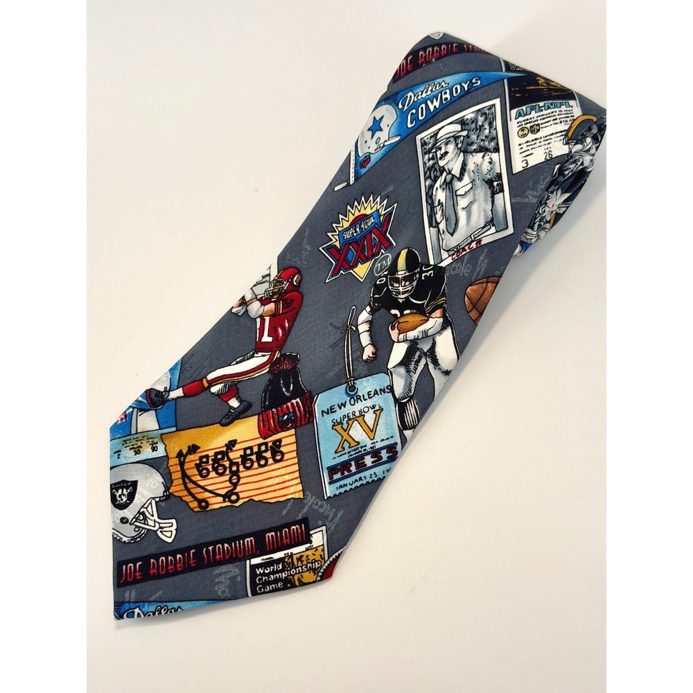 Nicole Miller Mens 1995 Vintage NFL Super Bowl Silk Tie‎ Football Collage